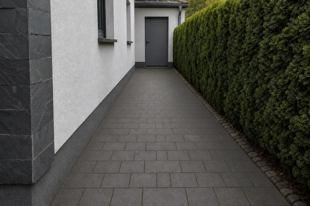 KI-Illustration eines befestigten Eingangsbereichs nach vereinbarter Pflege