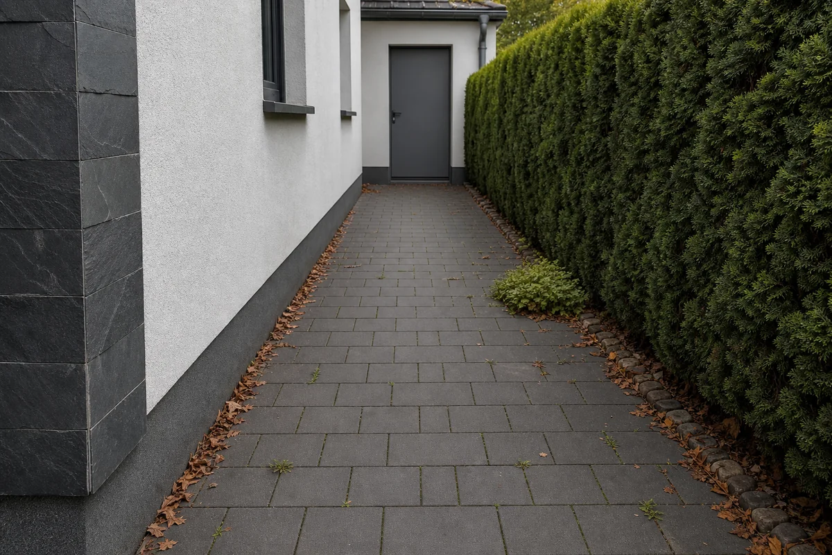 KI-Illustration eines befestigten Eingangsbereichs vor vereinbarter Pflege