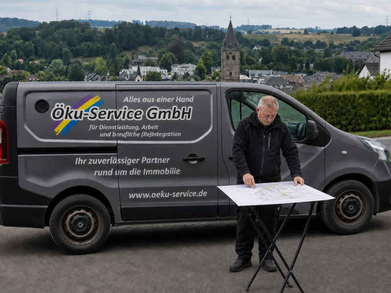 Ein Teammitglied prüft einen Papierplan am Firmenfahrzeug vor Wipperfürth