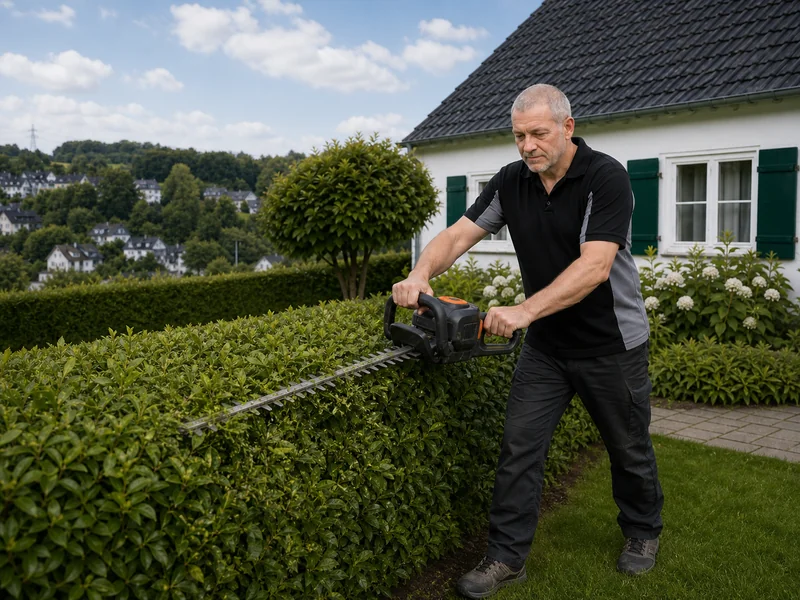 Ein Teammitglied schneidet eine Hecke an einer gepflegten Wohnanlage