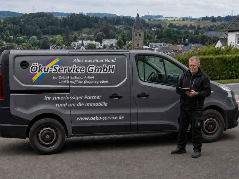 Ein Teammitglied prüft die Tagesroute neben dem Firmenfahrzeug vor Wipperfürth