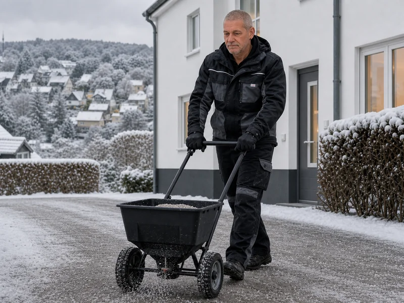 Ein Teammitglied bringt Streugut auf einem winterlichen Zugangsweg aus