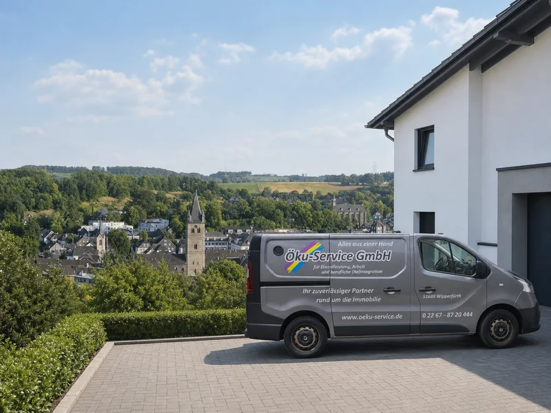 Öku-Service-Fahrzeug vor dem Stadtpanorama von Wipperfürth mit Kirchtürmen und grünen Hügeln