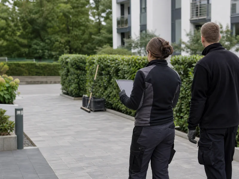 Nicht identifizierbare Kontroll- und Planungsszene an einer gepflegten Wohnanlage